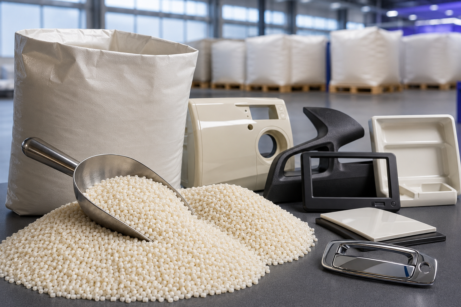 Representative ivory ABS resin pellets, engineering-plastic housings, sheet and chrome-plated sample