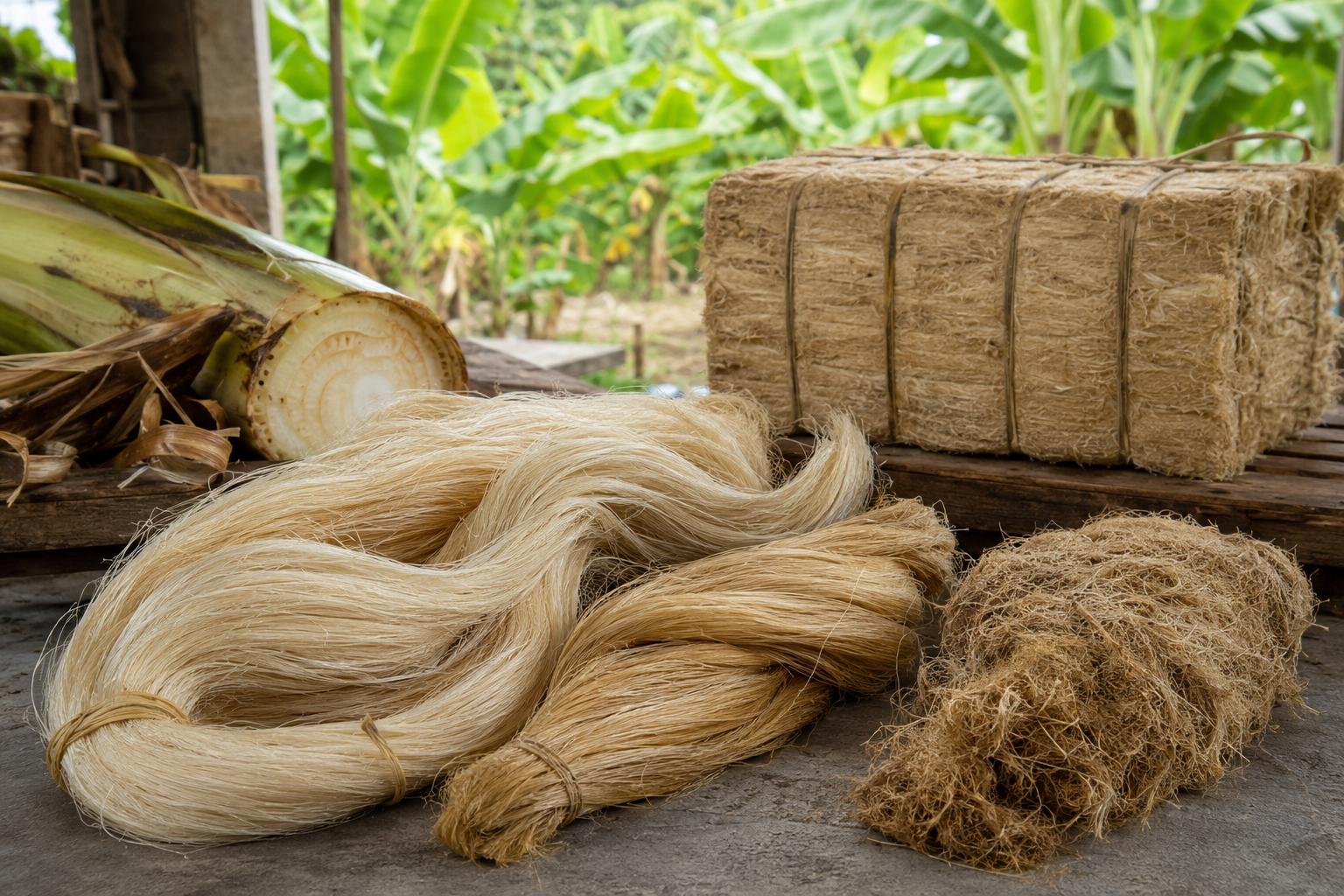 Representative long banana pseudostem fibre, coarse fibre and compressed export bale