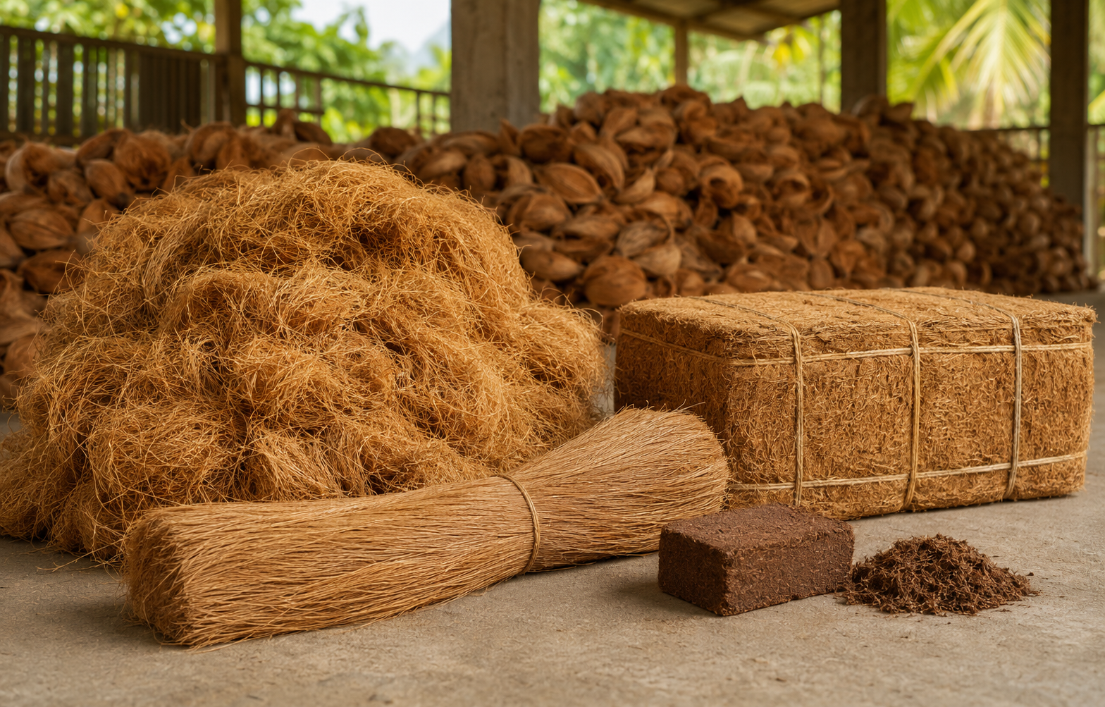 Representative coconut coir fibre bundles, bristle fibre, compressed bale and coco peat