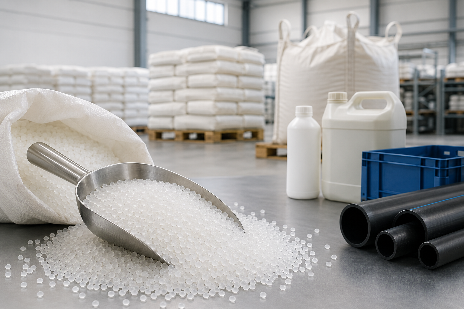 Representative natural HDPE resin pellets, industrial packing and unbranded end-use samples