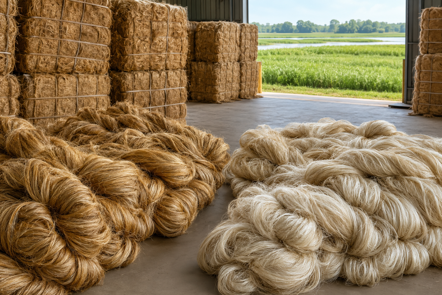 Representative view of golden and creamy raw jute fibre bundles with export bales