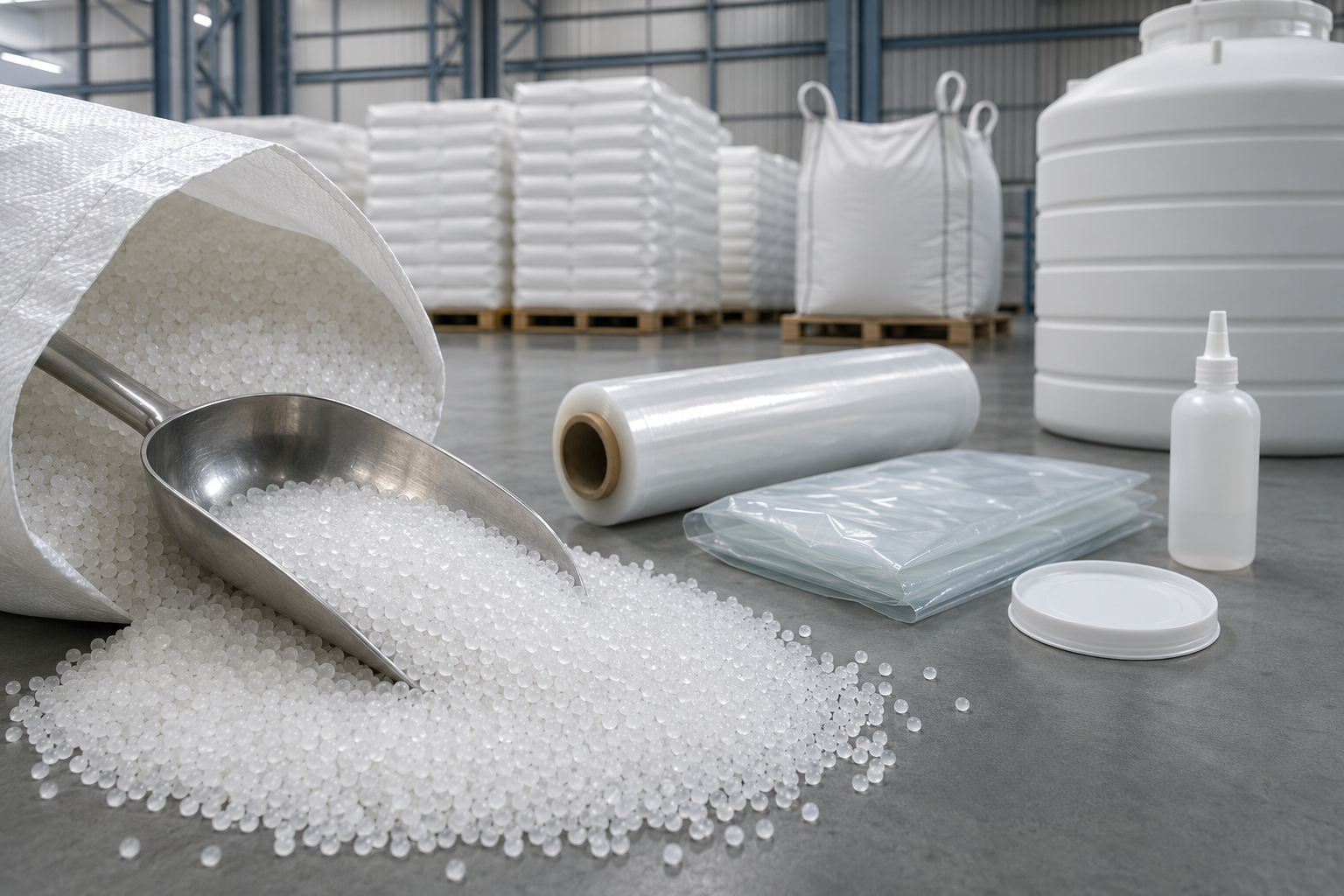 Representative natural LLDPE resin pellets, film rolls, industrial packing and unbranded moulded samples