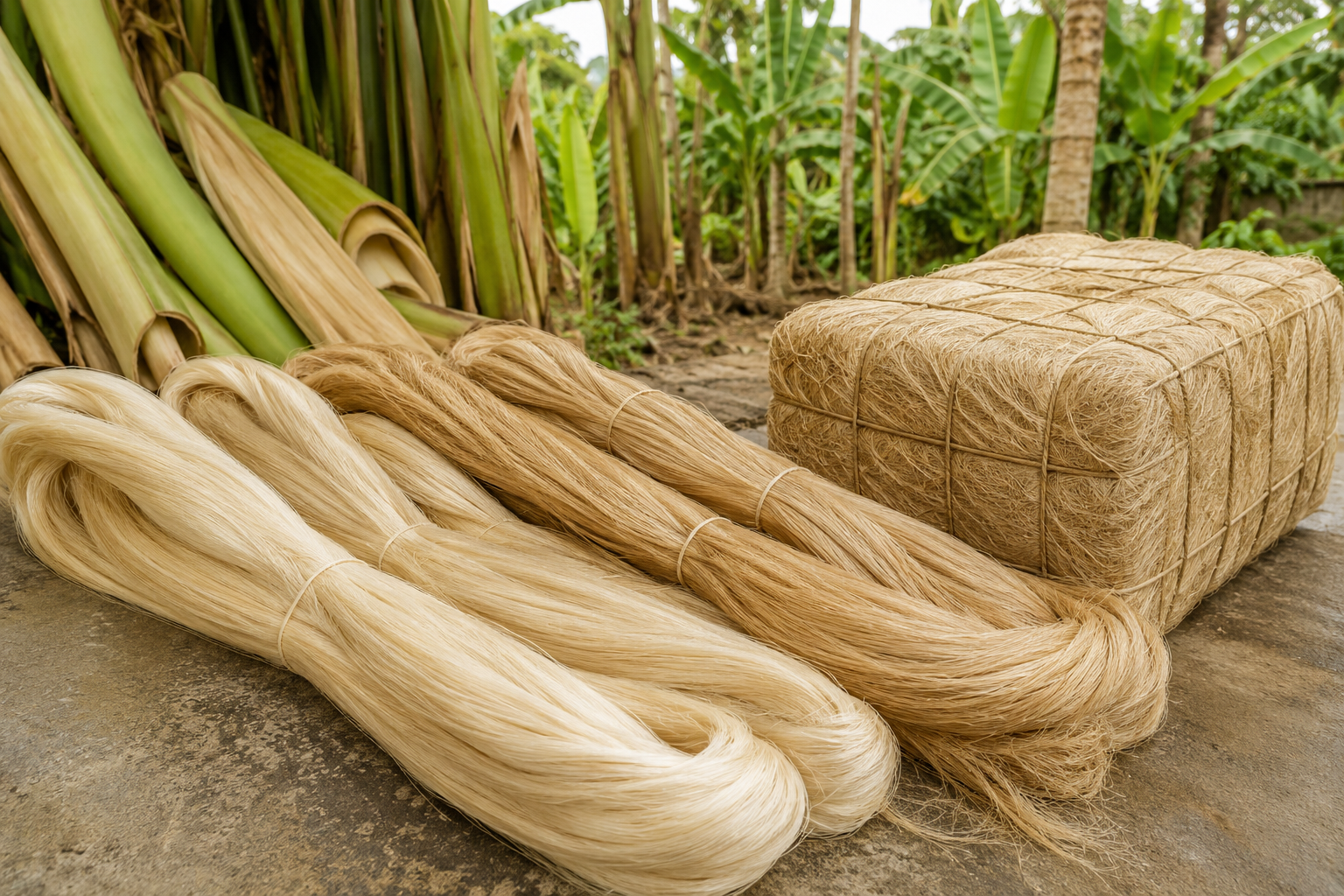 Representative long Manila abaca fibre bundles and compressed export bale