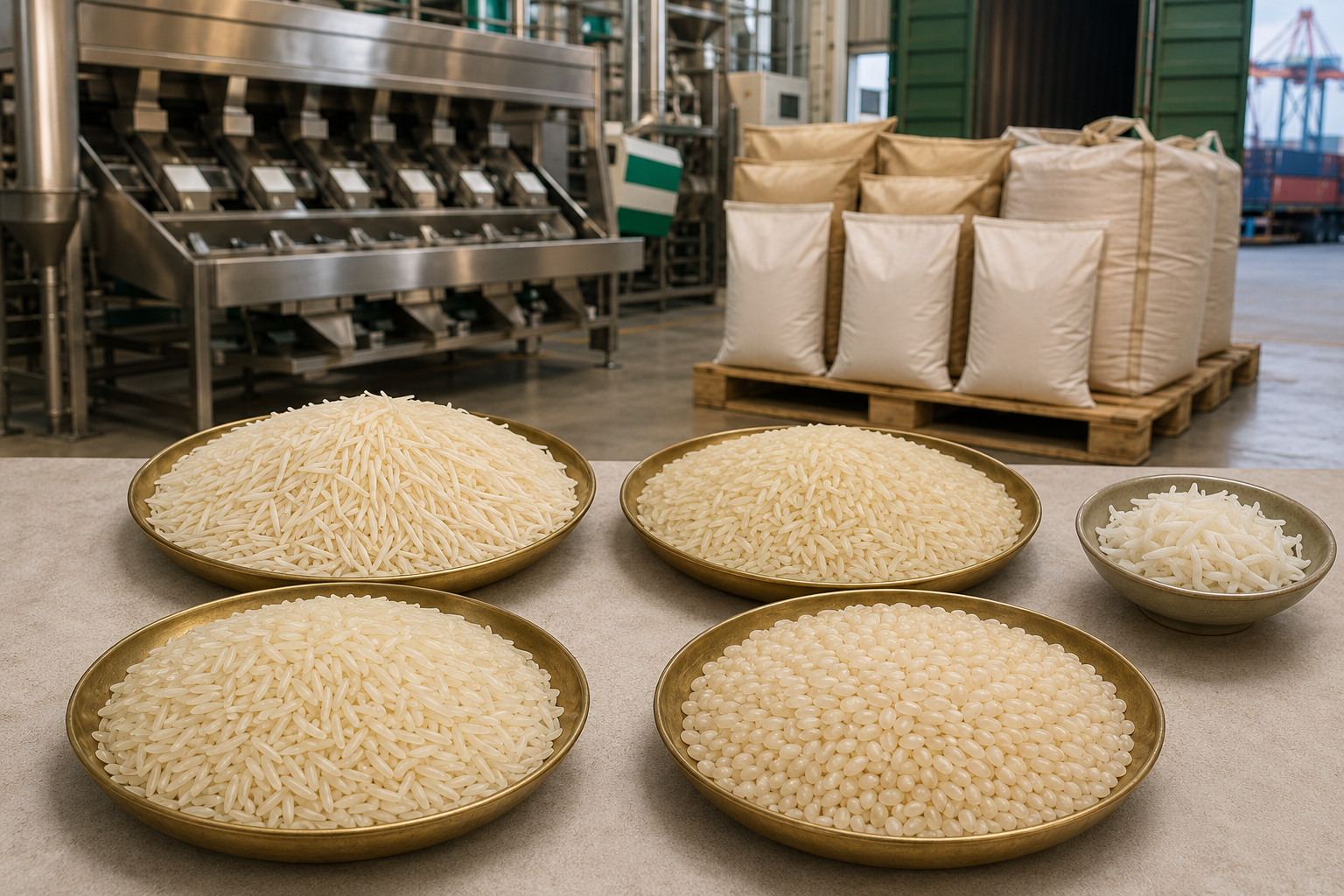 Representative trays of extra-long Basmati, Super Basmati, IRRI-9 and IRRI-6 rice with export packing and rice mill