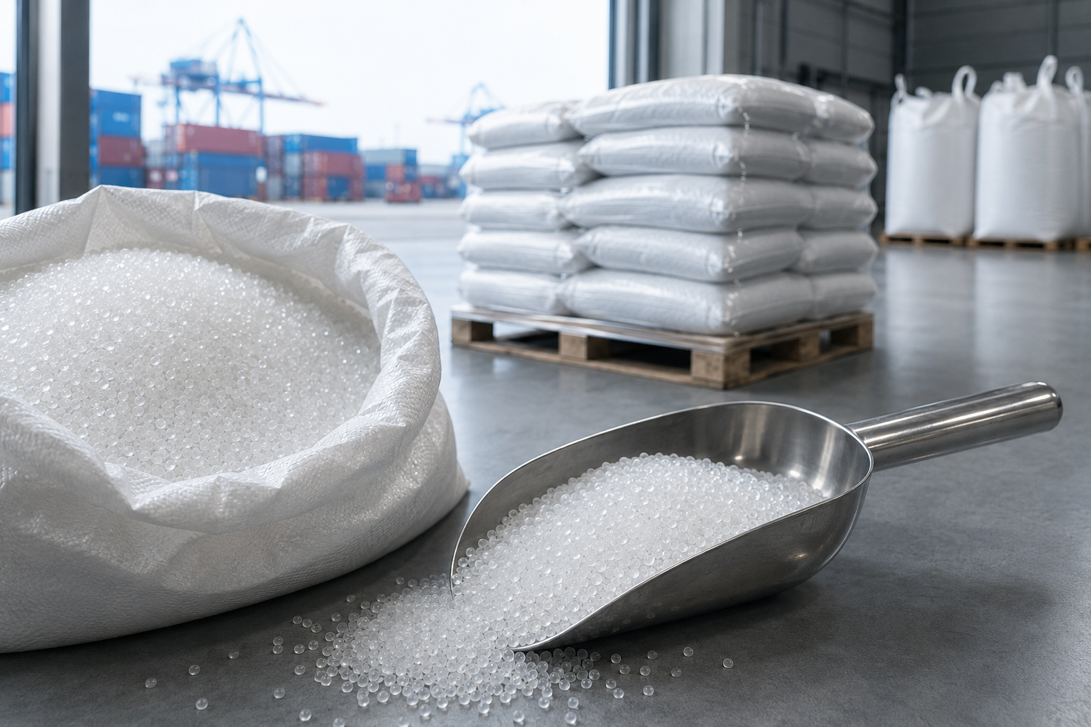 Representative virgin polypropylene resin pellets, industrial bags and palletized polymer cargo