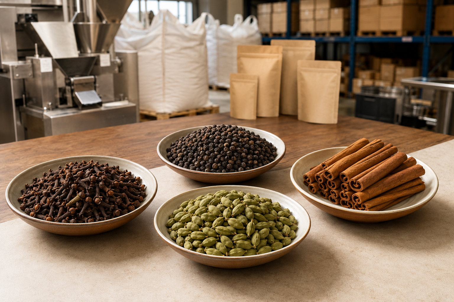 Separate bowls of whole cloves, black peppercorns, green cardamom and cinnamon beside clean spice processing and blank packaging