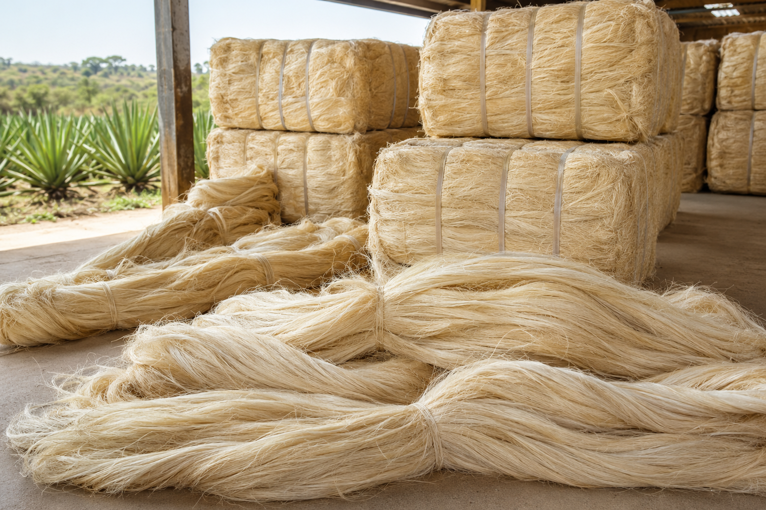 Representative view of long natural sisal fibres and compressed export bales